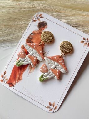 Gold-Top Orange Mushroom Dangle Earrings